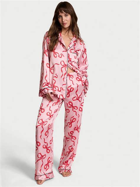 Chalk Rose/Lipstick Bows Pink Satin Long Pyjama Set | Victoria's Secret