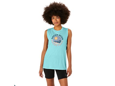 WOMEN'S ASICS SUN IN THE SKY SLOGAN MUSCLE TEE | Clear Blue | T-Shirts ...