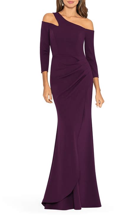 Xscape Off The Shoulder Three-quarter Sleeve Scuba Gown in Purple | Lyst