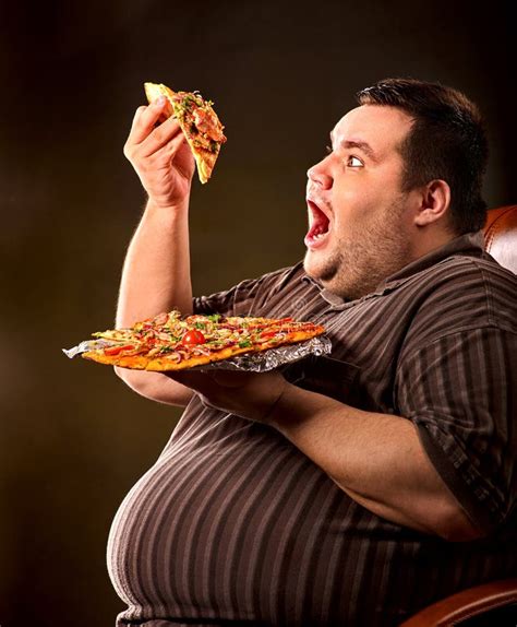 fat man eating fast food slice pizza breakfast  overweight person