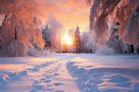 Beautiful winter landscape in the rays of sunset. Snowy road among ...