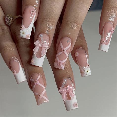 24 Pcs French Tip Press on Nails Long Square Fake Nails White Glue on