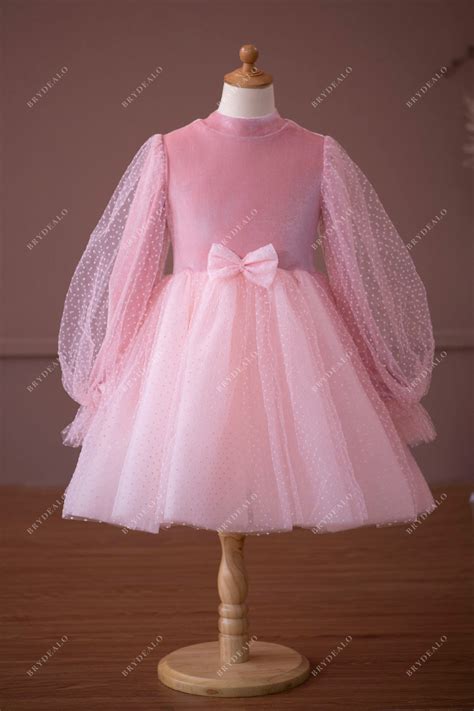 Pretty Pink Velvet Dot Tulle Tea Length Flower Girl Dress For Wedding