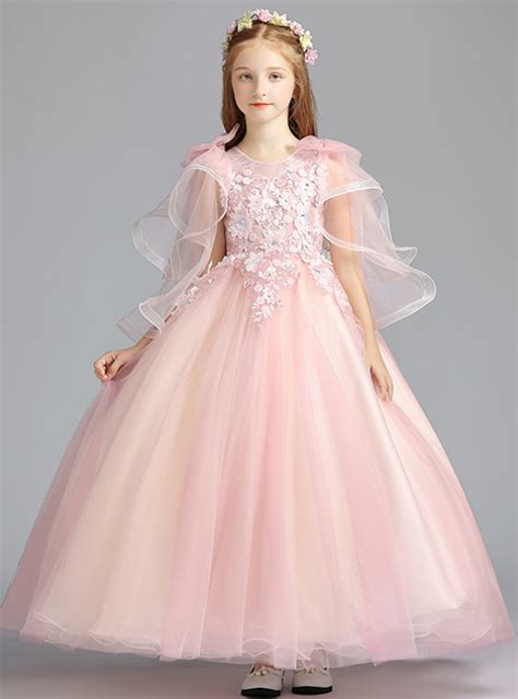 Ball Gown Yellow Tulle Appliques Flower Girl Dress