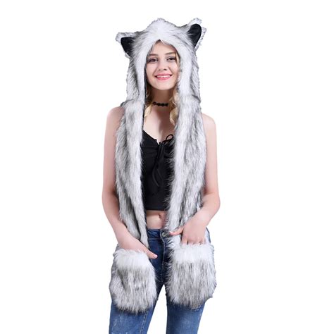 Lolmot Women 3-in-1 Faux Fur Animal Hood Scarf with Glove Pocket Winter