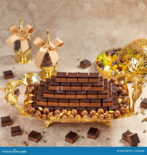 rectangle chocolate  golden tray stock image image  contrasts