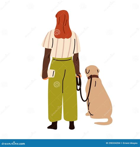 Woman, Dog Owner Standing with Doggy, Sitting on Leash, Back View