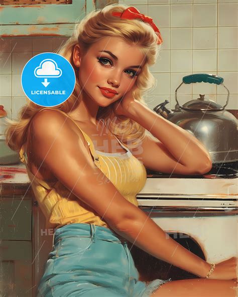 Pin Up Artwork For Detergent Ad - A Woman Posing In A Kitchen