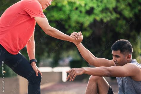 Helping hand outstretched for salvation . Strong hold. Running man ... 