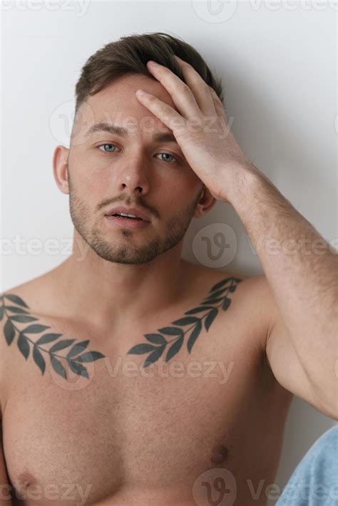 Modelling snapshots. Closeup portrait of attractive naked handsome man