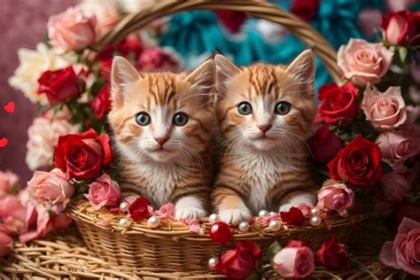 cute kittens   straw basket  stock photo public domain