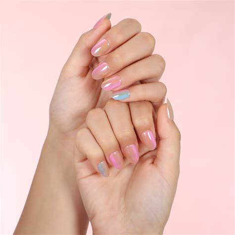 professional beauty short oval rainbow metallic reflective fingernails