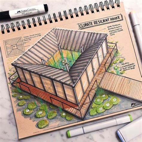 Colored Architectural Concept Drawings: Glass House Design