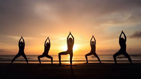 Yoga Poses Silhouette at Beach Sunset Stock Illustration - Illustration ...