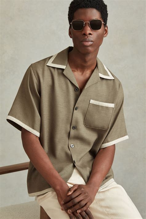 Mens Reiss Vita Contrast Trim Cuban Collar Shirt - Green in 2024 | Trending shirts for men