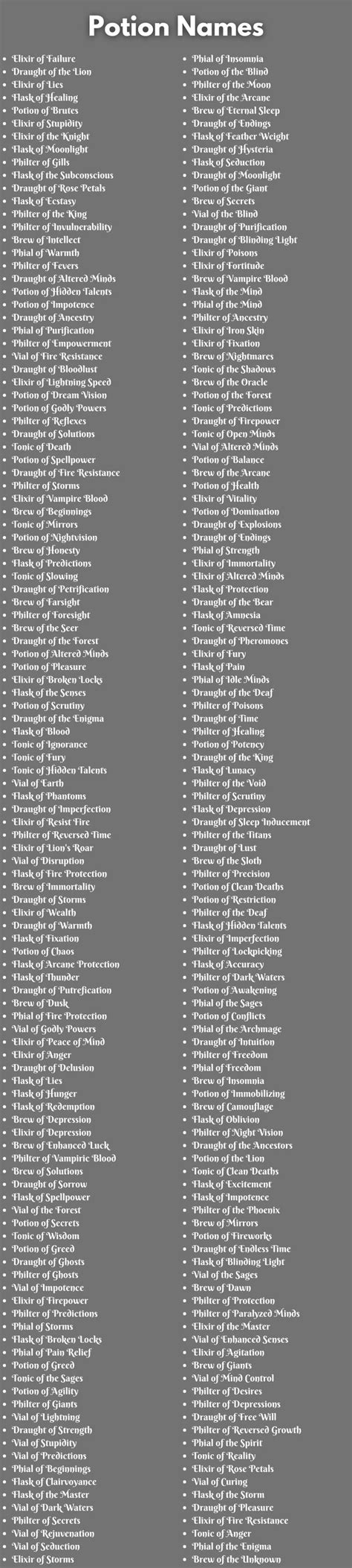 potion names ideas  suggestions writing inspiration