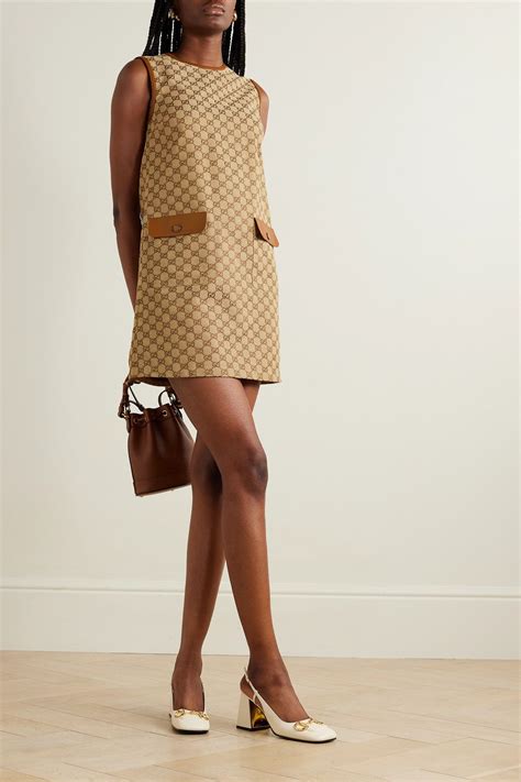 Brown Leather-trimmed cotton-blend canvas-jacquard mini dress | GUCCI