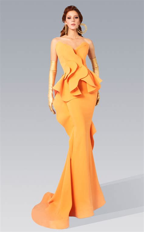Orange MNM Couture 2647 Long Formal Ruffle Peplum Evening Dress for