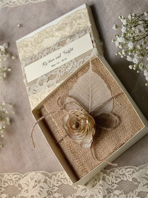 Lace Burlap Wedding Invitations (10), Vintage Wedding Invitations, Rustic Box Wedding ...