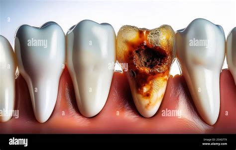 close  view  affected tooth showcasing severe decay   impact