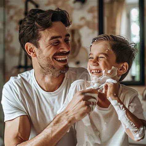 Padre e hijo divirtiéndose mientras se afeitan en el baño | Imagen