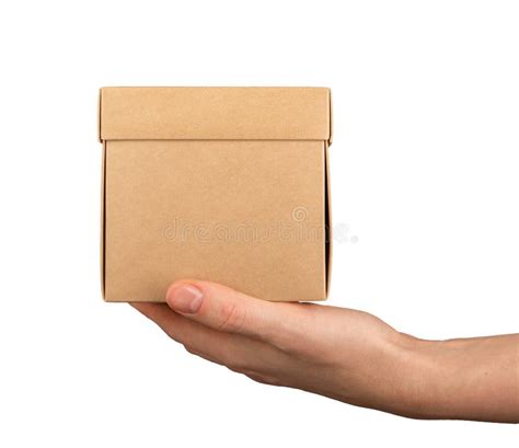 Kraft Carton Box, Cardboard Package of Square Shape in Hand, Isolated on White Stock Photo ...