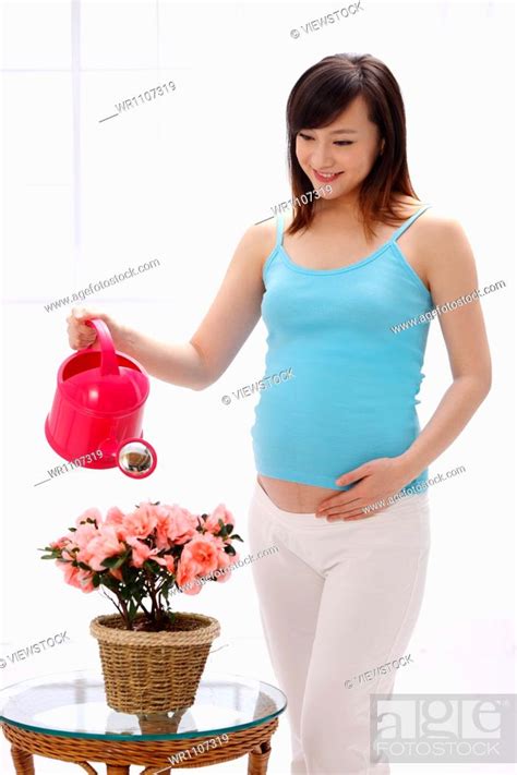 Pregnant woman watering the flowers, Stock Photo, Picture And Royalty ...