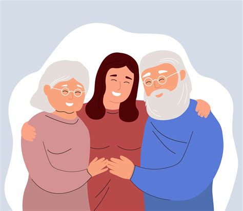 A couple of elderly parents with a daughter. Happy seven hugs. The girl