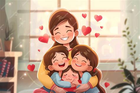 una caricatura de una madre abrazando  sus hijos foto premium