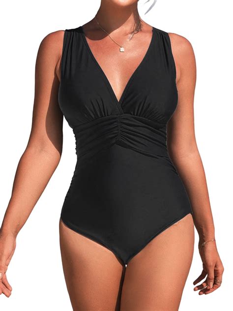Charmo Retro Plunge V Neck One Piece Swimsuit for Womens Ruched Tummy