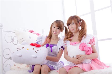 model, Asian, women, smiling, Robin Huang, twintails, two women, dress