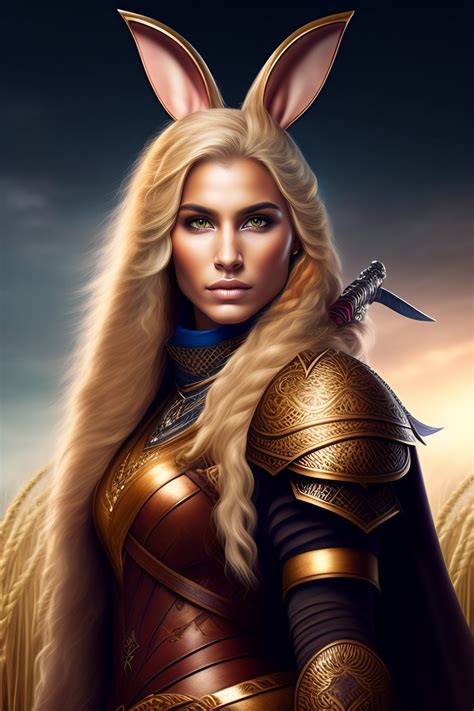 Lexica - A female bunny warrior with wheat blonde hair holding a kukri