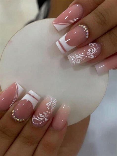 Transform Your Nails With 24pcs Long Coffin Scroll Pattern Full Cover