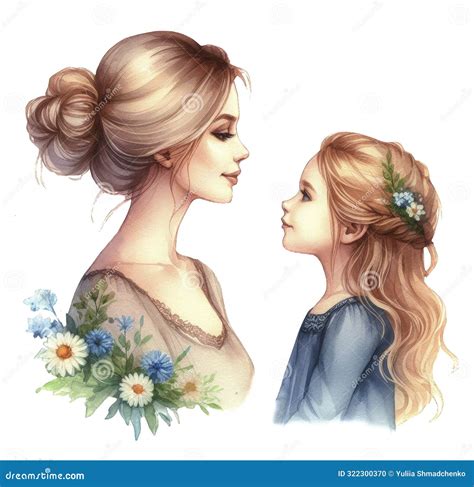 Mom and Daughter Look at Each Other, Hugging Stock Illustration