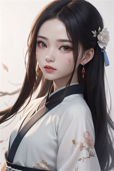 A woman with long hair wearing a white kimono and a flower in her hair