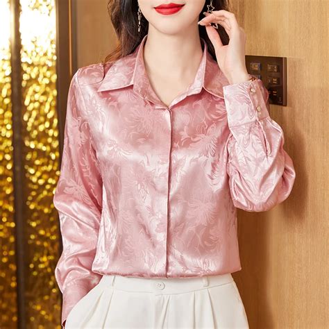 satin silk women shirt blouse spring autumn long sleeve top elegant