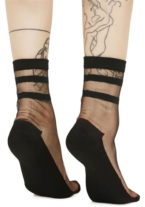 Black Sheer Athletic Stripe Ankle Socks | Dolls Kill