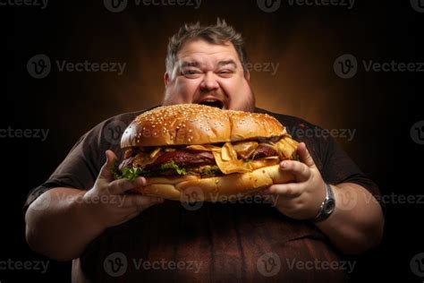 AI generated A fat man eating a fast food burger on a dark background