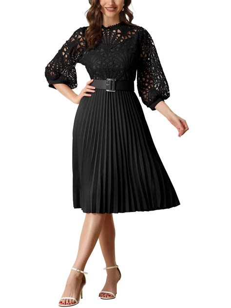 Allegra K Women's Floral Lace Dress 3/4 Sleeves Belted Panel A-Line
