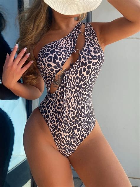 One-Piece Leopard Print Bikini Cut-out Hollow One-Shoulder Women′s