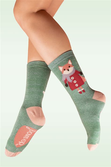 Powder Cozy Fox Glitter Socks in Green | Topvintage