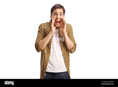 young casual guy shouting isolated  white background stock photo alamy