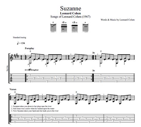suzanne leonard cohen guitar tab chords sheet