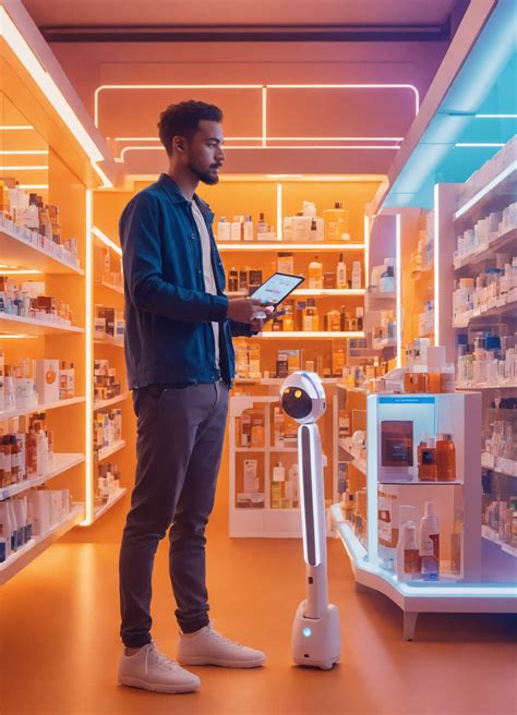 Lexica - Portrait of a man in a cutting-edge drugstore shop with smart