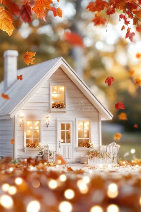 Cozy Cottage Surrounded by Falling Autumn Leaves in Serene Morning