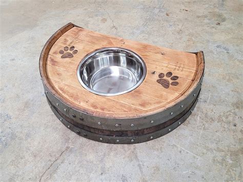 Wine Barrel Dog / Cat Raised Feeding Station Engraved TAZON Elevated