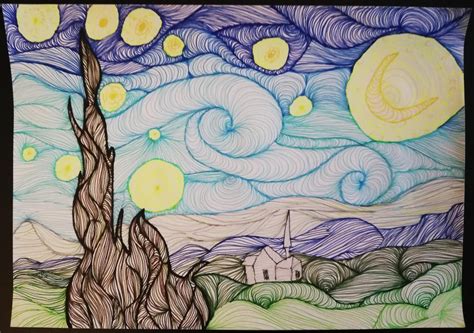 My second attempt at "The Starry Night" by Van Gogh : r/Zentangle