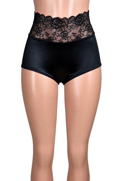High-Waisted Black Stretch Satin and Lace Booty Shorts lingerie plus