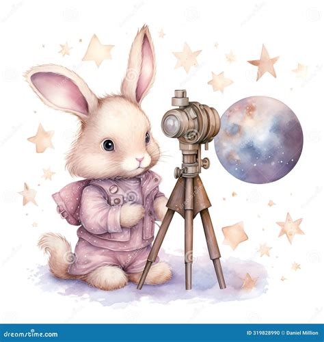 Astronomer Cute Bunny Blue Cute Bunny Watercolor Royalty-Free Stock