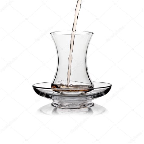 Turkish tea glass pour splash on white background — Stock Photo ...